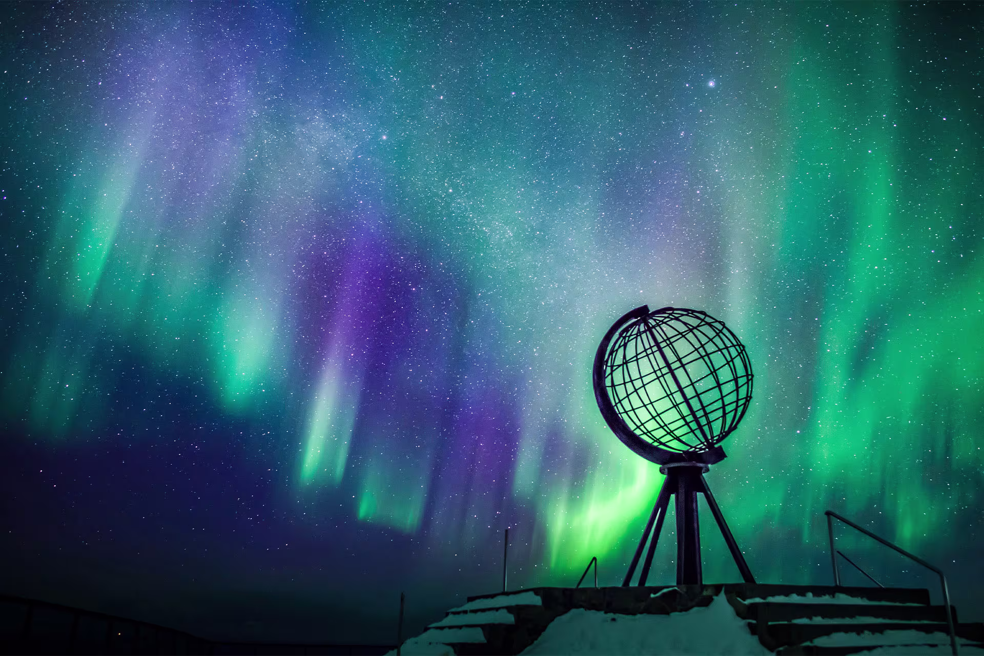 The North Cape Globe Monument under the Northern Lights