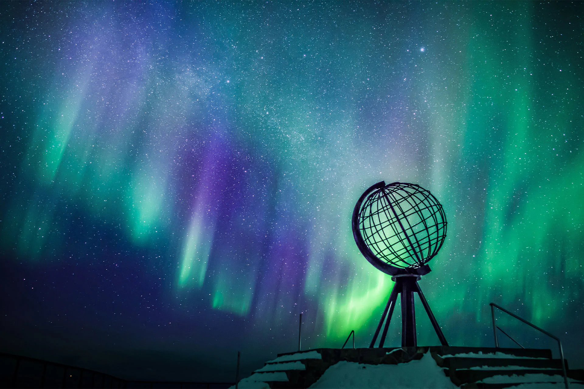 The North Cape Globe Monument under the Northern Lights