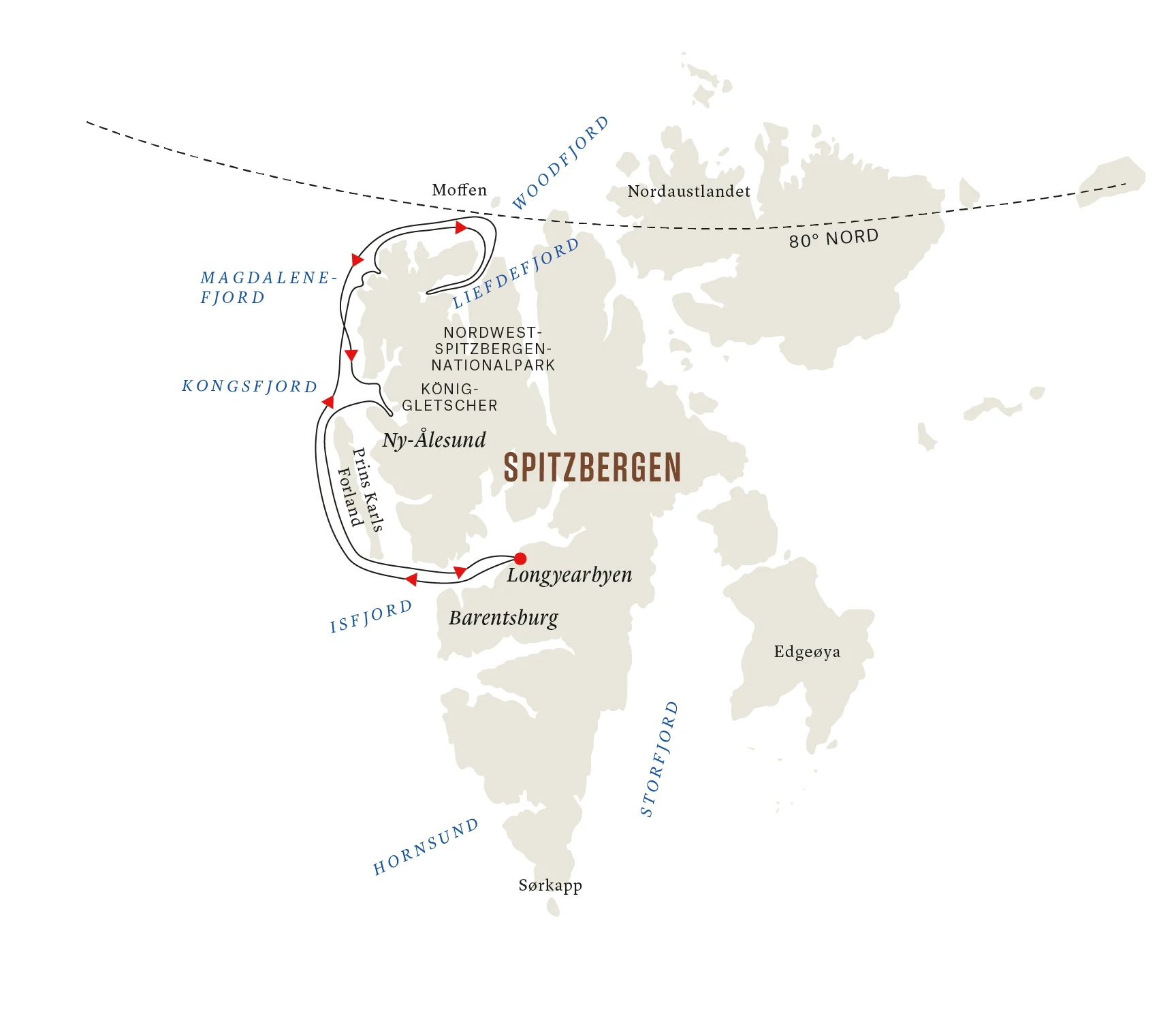 Route map for the Spitsbergen Adventurer cruise in Svalbard