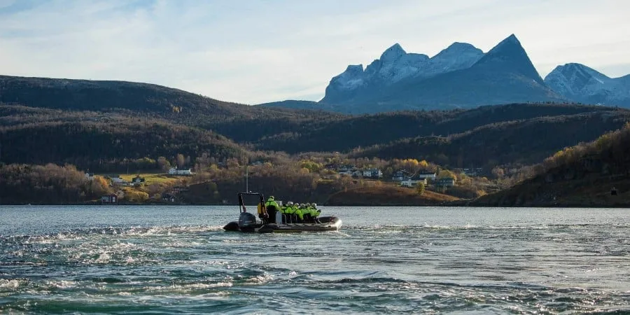 Go exploring in our RIB boats, perfect for smooth operations in the Norwegian fjords. Here on an excursion to Saltstraumen, the most powerful tidal current in the world.