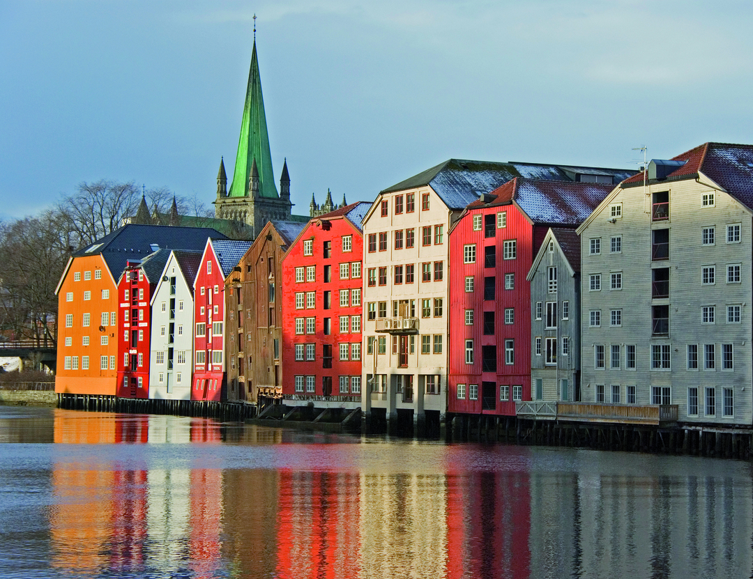 Houses in Trondheim with snow lightly dusted on top