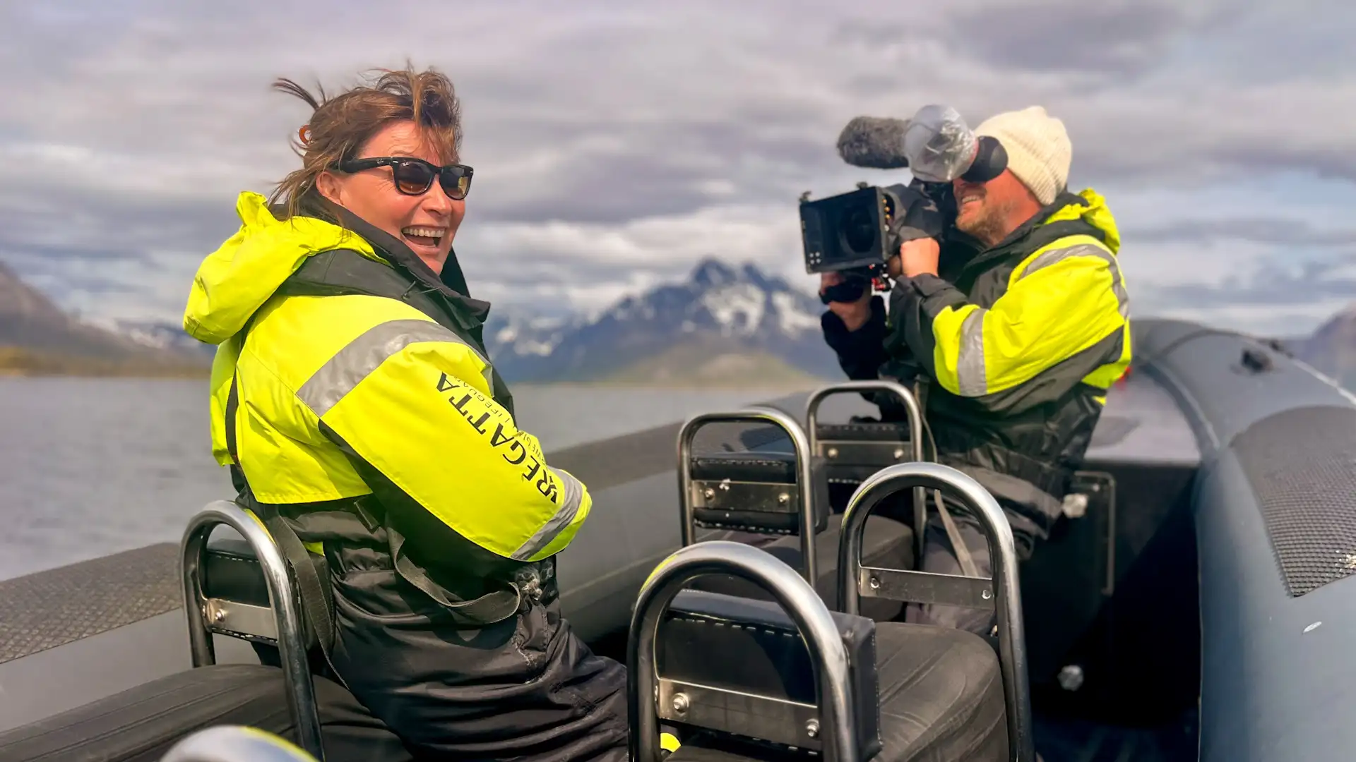 Lorraine Kelly on a RIB in Norway while filming Lorraine Kelly's Norwegian Odyssey