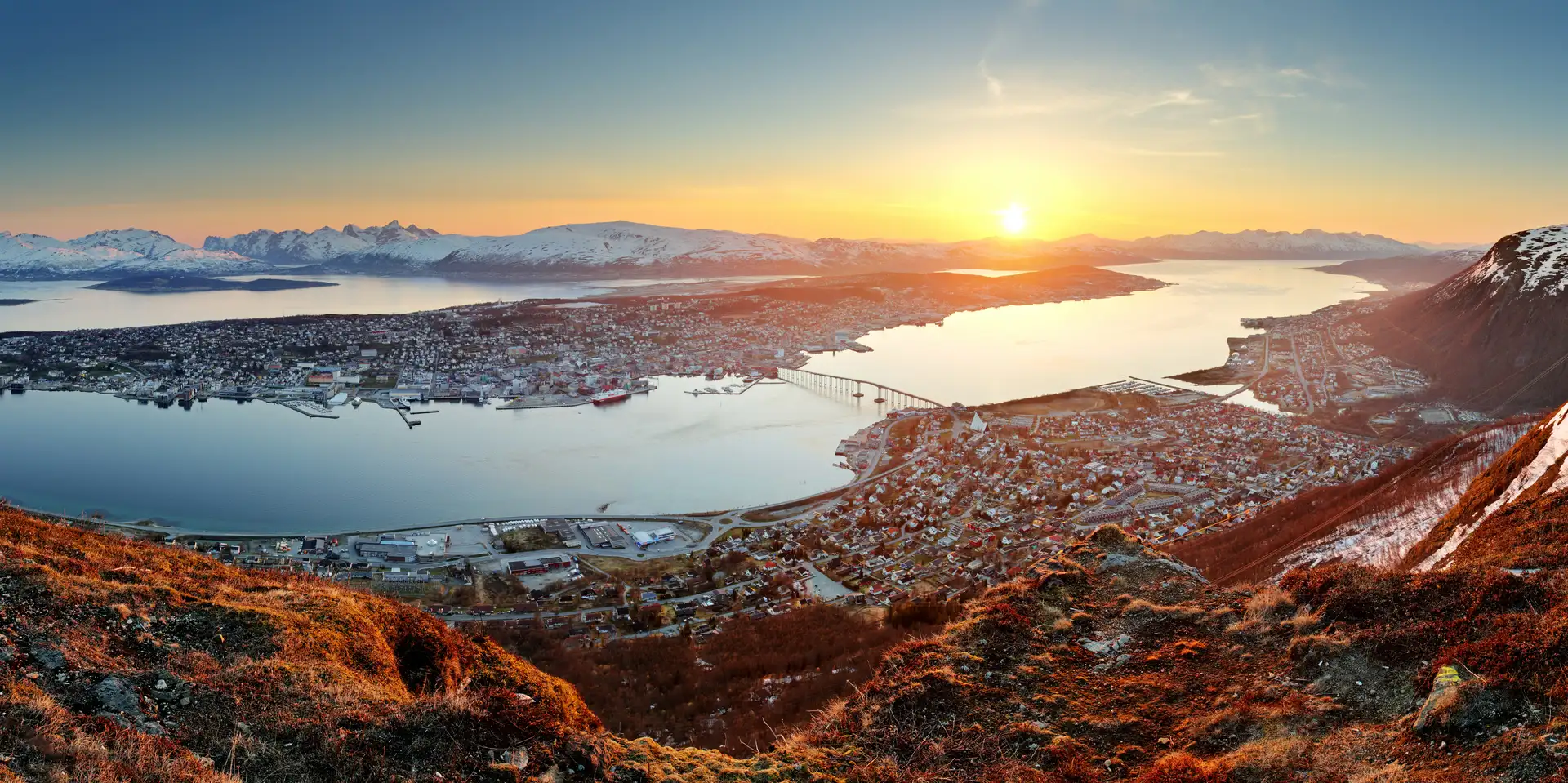 Beautiful view of Tromsø from the Fjellheisen cable car, looking out across to the mountain above the city