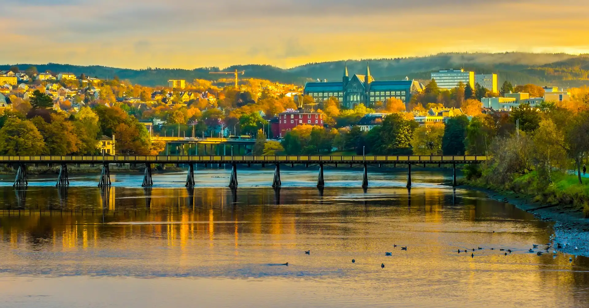 Autumn colours over the River Nid in Trondheim, Norway