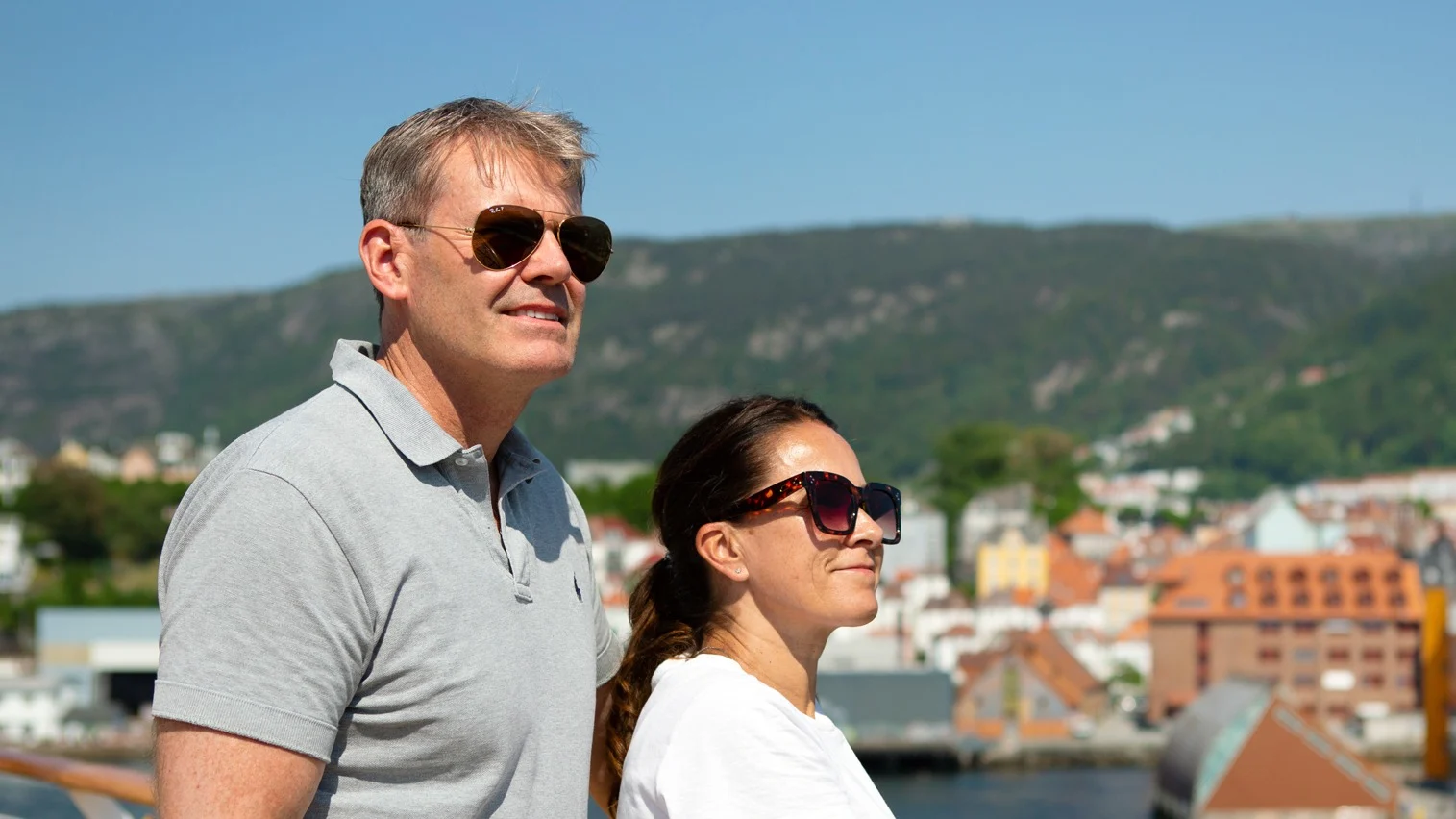 Bergen Norway Passengers Looking Across Harbour