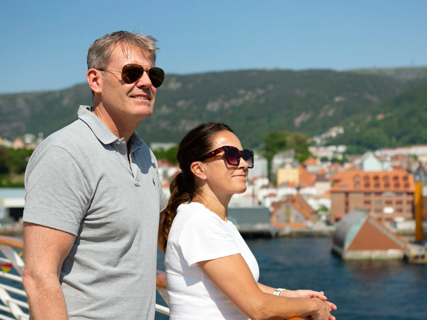 Bergen Norway Passengers Looking Across Harbour