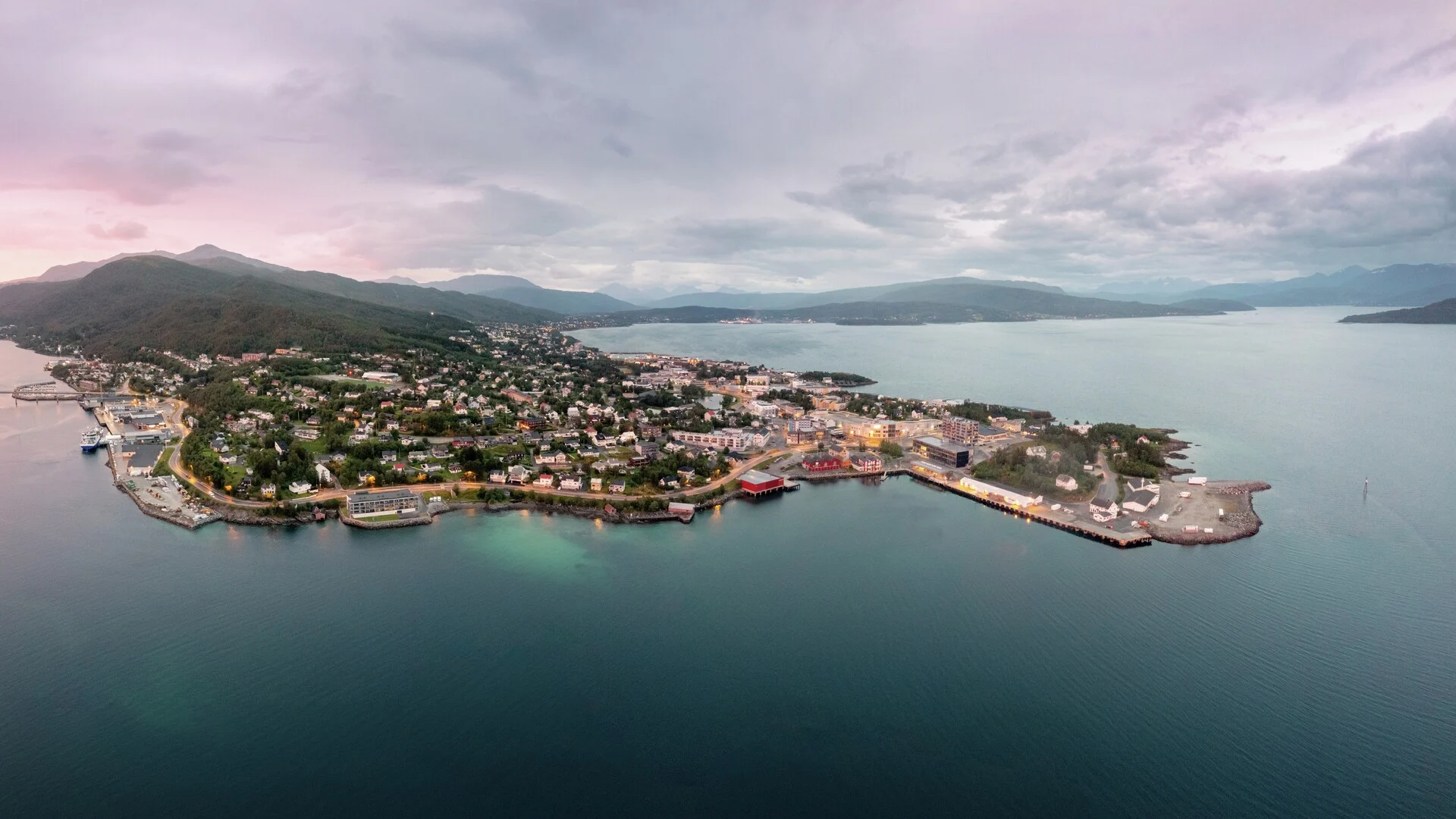 An aerial view of the port town of Finnsnes