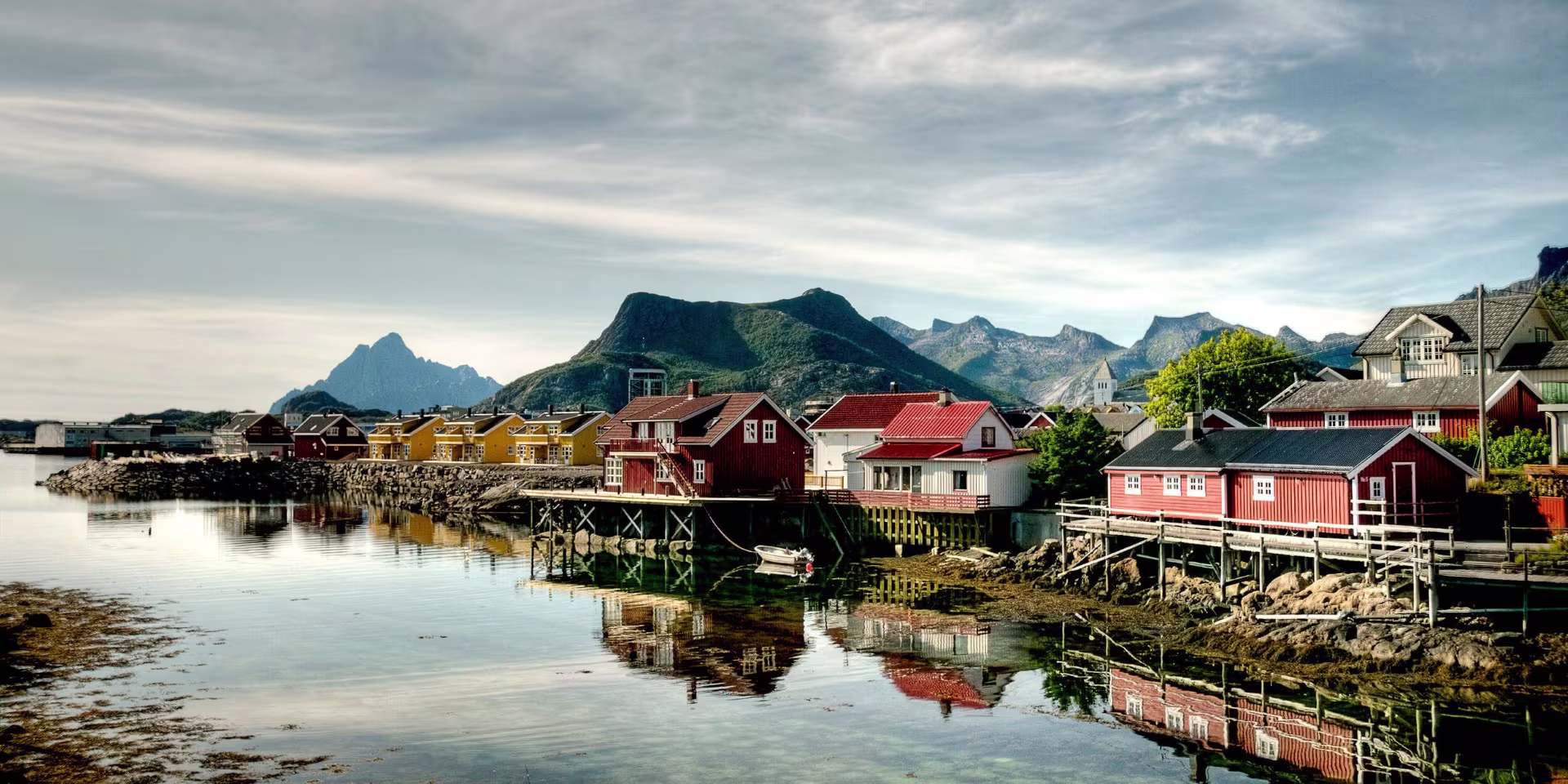 Idyllic fishermen's cabins along the waterfront in Svolvær, Lofoten Islands, Norway