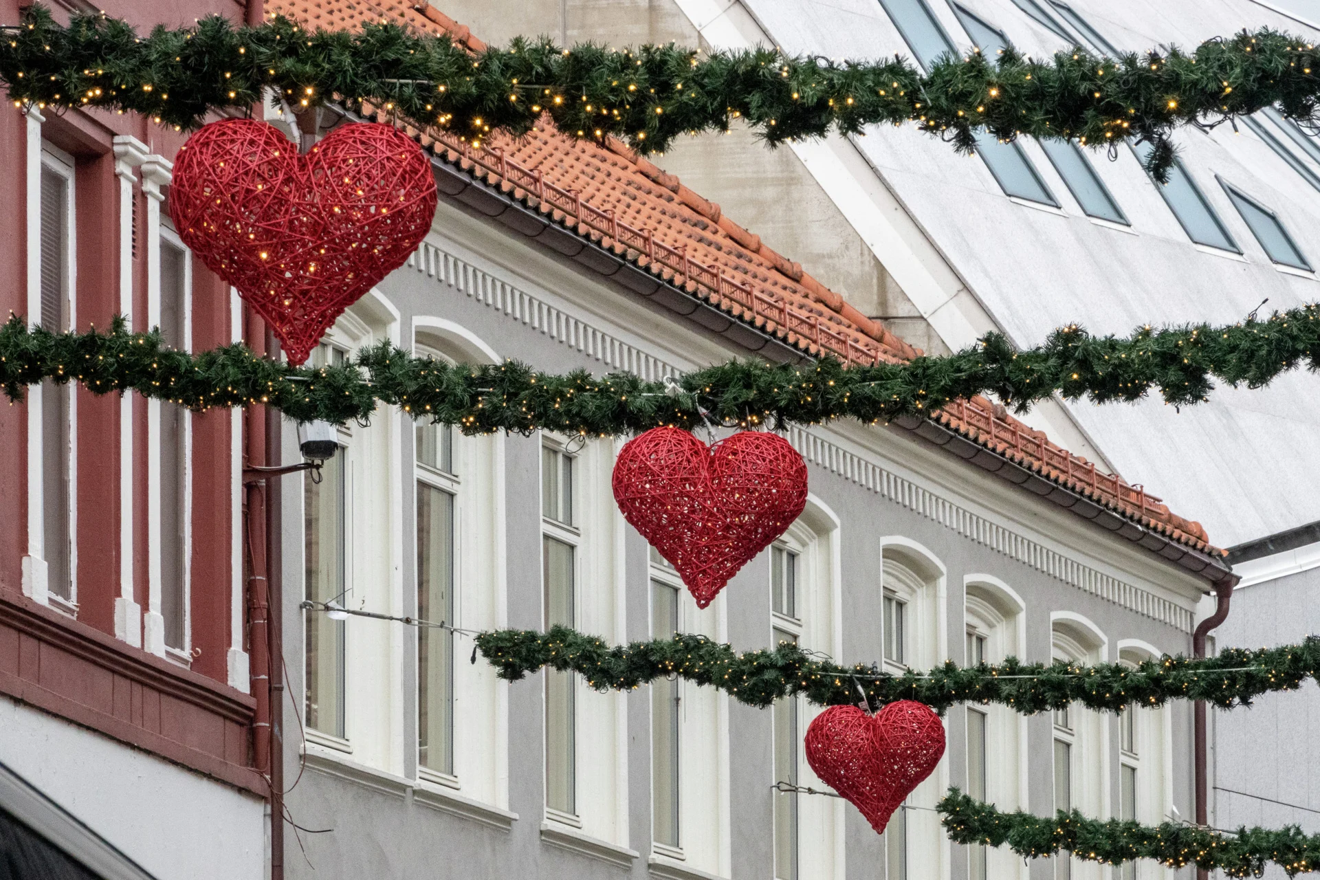 A Christmas garland hangs on the streets of Stavanger