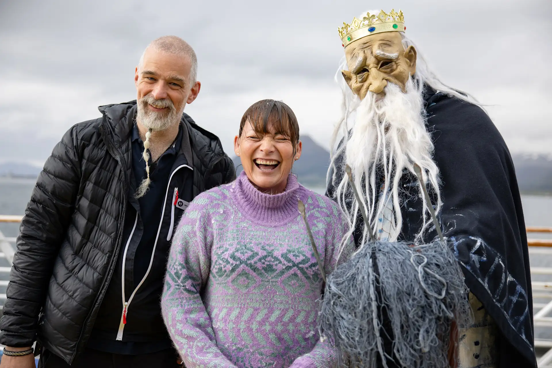 Lorraine Kelly with the Captain of a Hurtigruten ship in Norway, filming Lorraine Kelly's Norwegian Odyssey