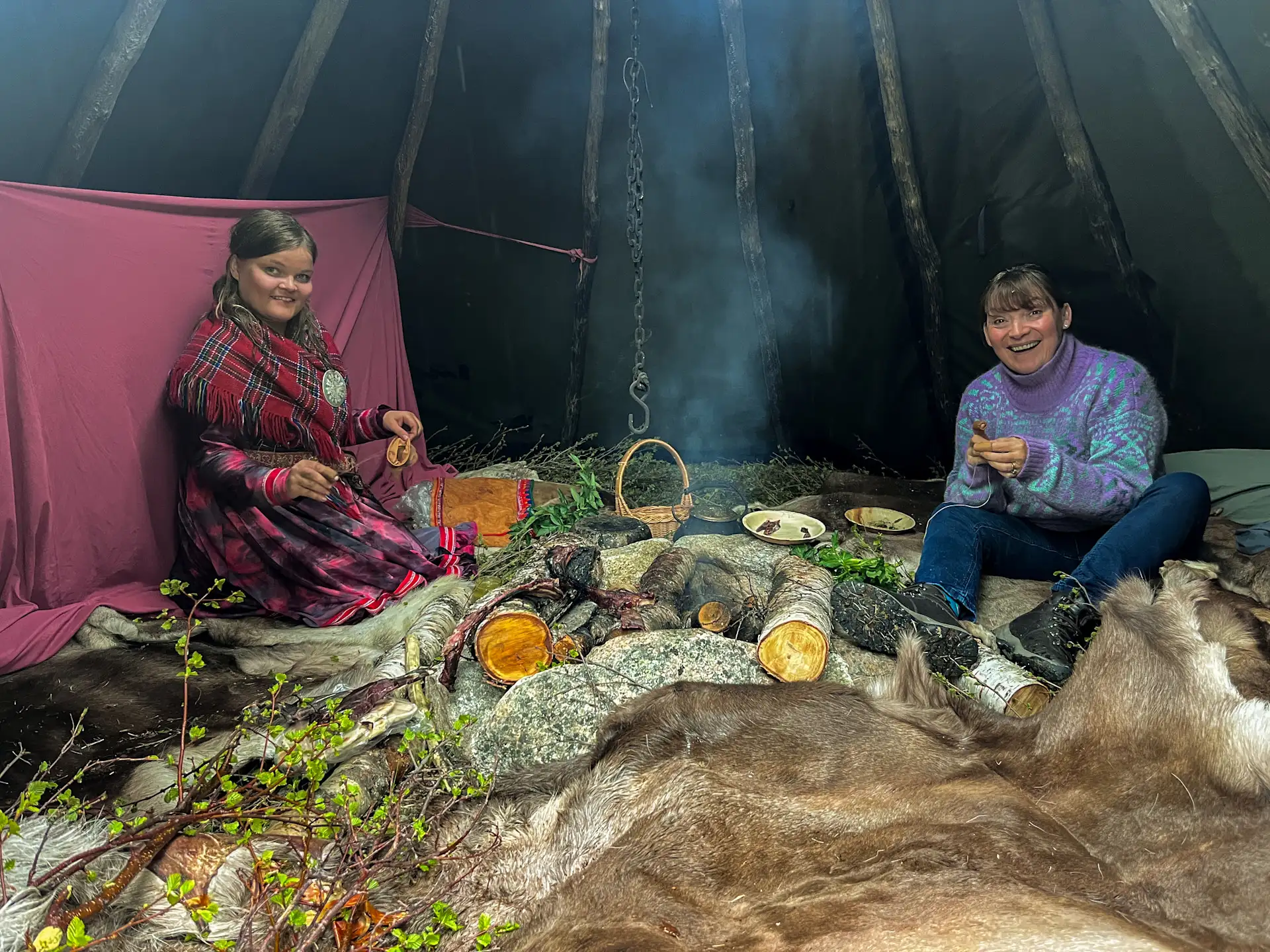 Lorraine Kelly with a Sami reindeer herder in Norway while filming Lorraine Kelly's Norwegian Odyssey