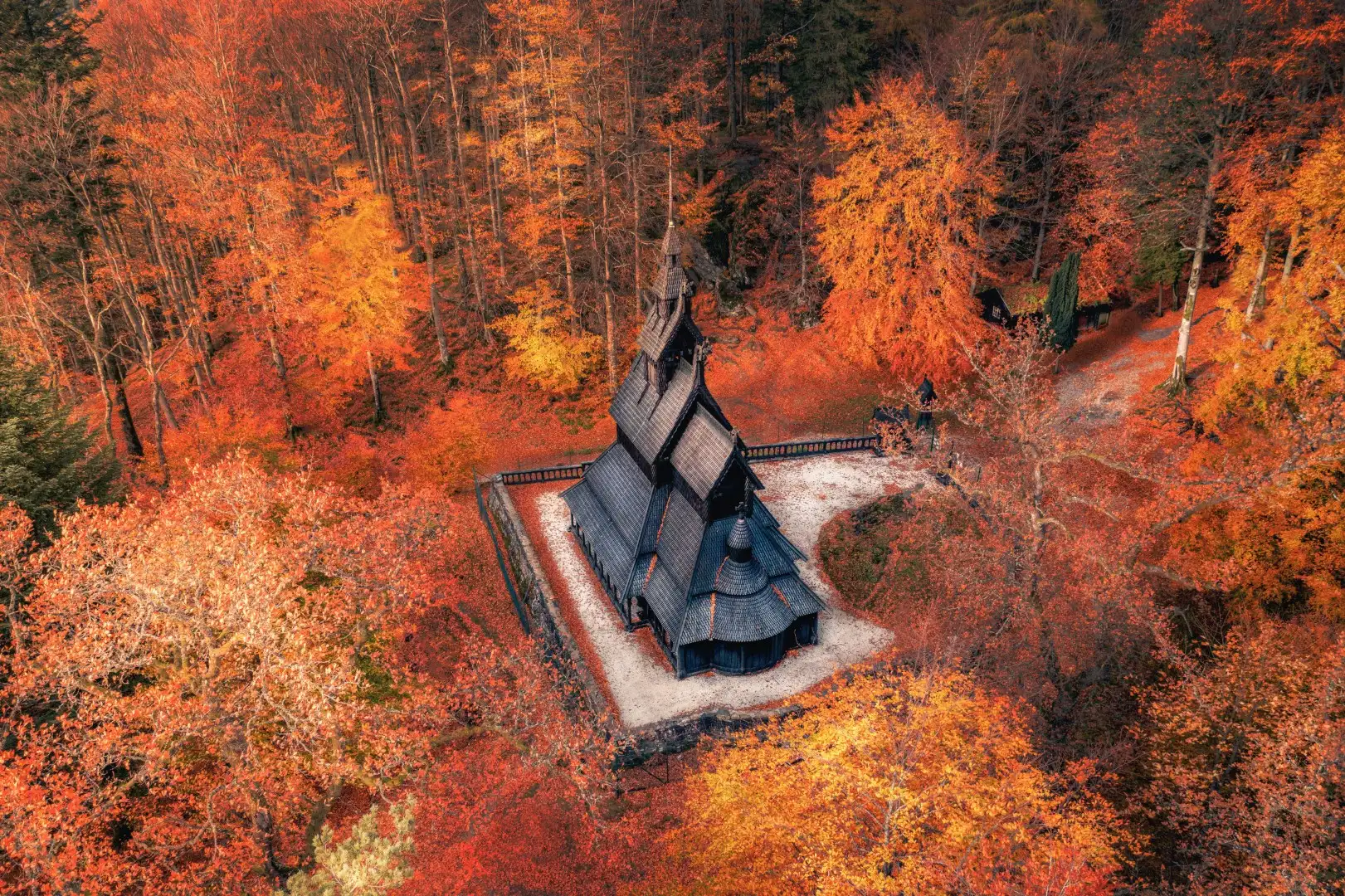 Fantoft stave church Bergen Norway pictured in autumn