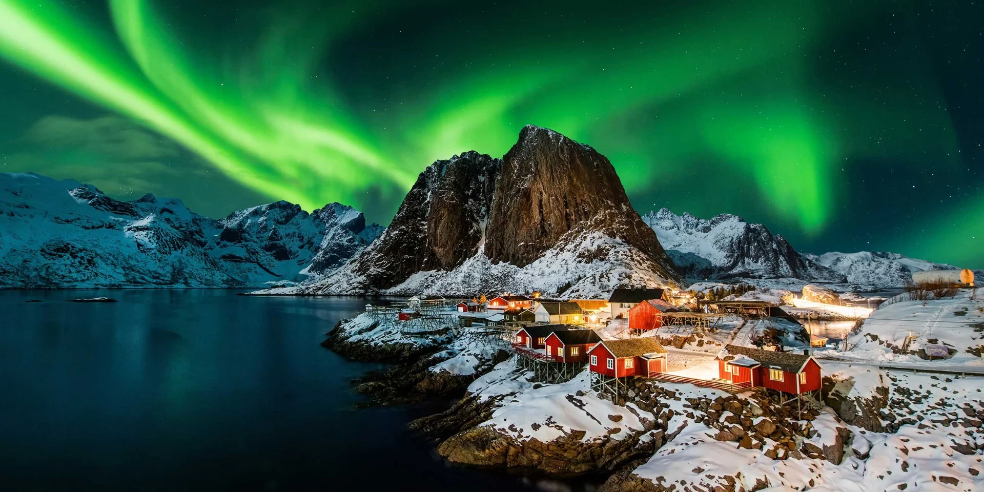 The Northern Lights dancing over Hamnoy in the Lofoten archipelago.