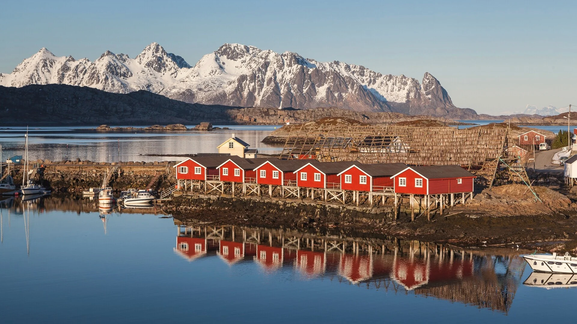 Groupe de rorbuer (maisons de pêche) rouges sur pilotis à Svinøya, dans les îles Lofoten, en Norvège.