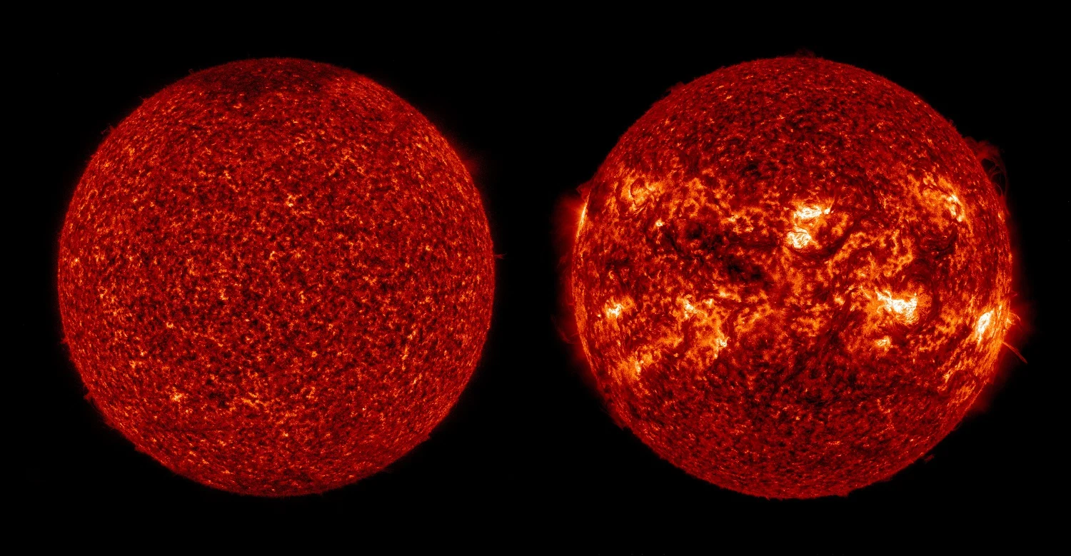 SDO (Solar Dynamics Observatory) images of the Sun at the minimum (left) and maximum of the last solar cycle. Images are taken in ultraviolet, with bright regions showing intense activity associated with sunspots. Credit: NASA, Tom Kerss