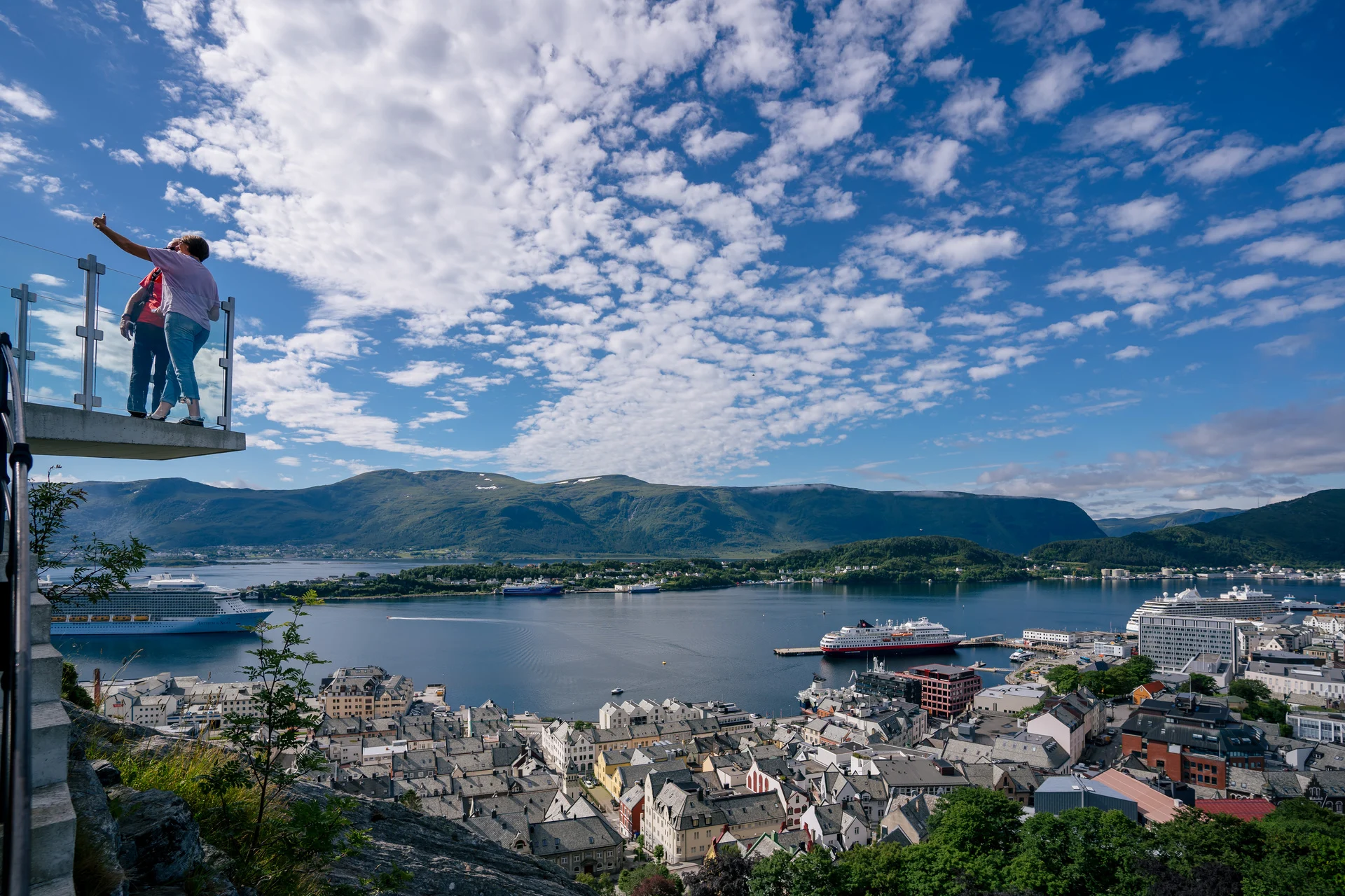 A Hurtigruten ship docked in the Norwegian port of Alesund