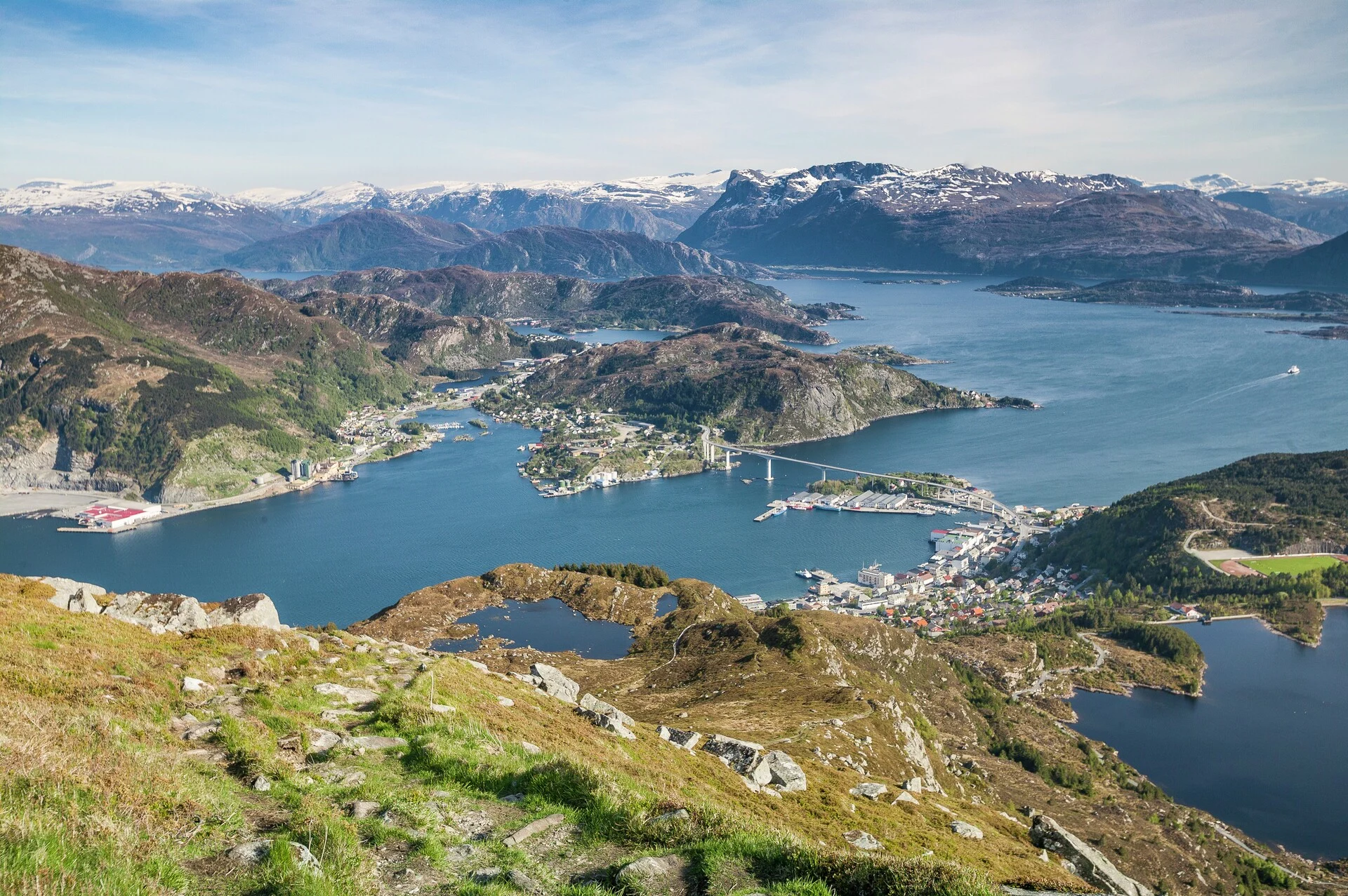 An aerial view of Måløy port in Norway