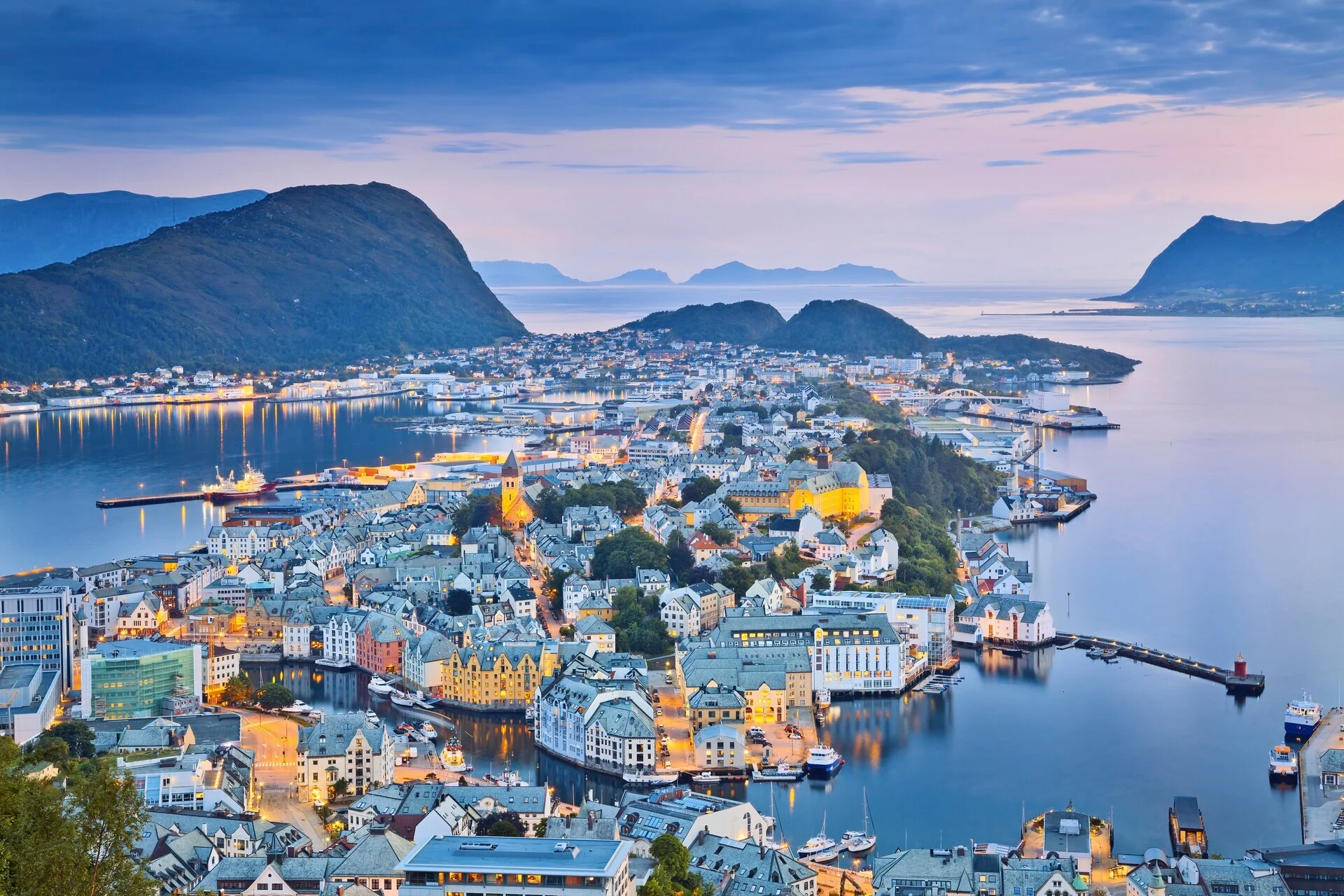 Ålesund, Norway during twilight hour