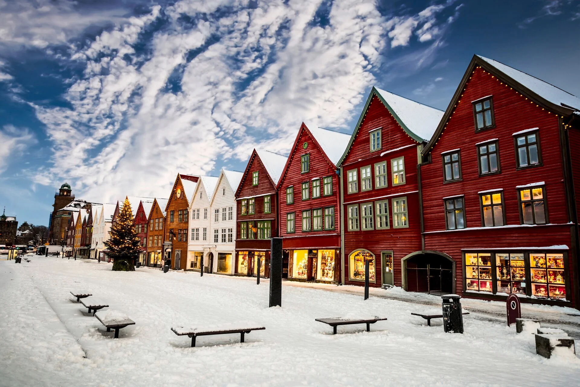 White Christmas in the area of the UNESCO listed Bryggen in Bergen, Norway.