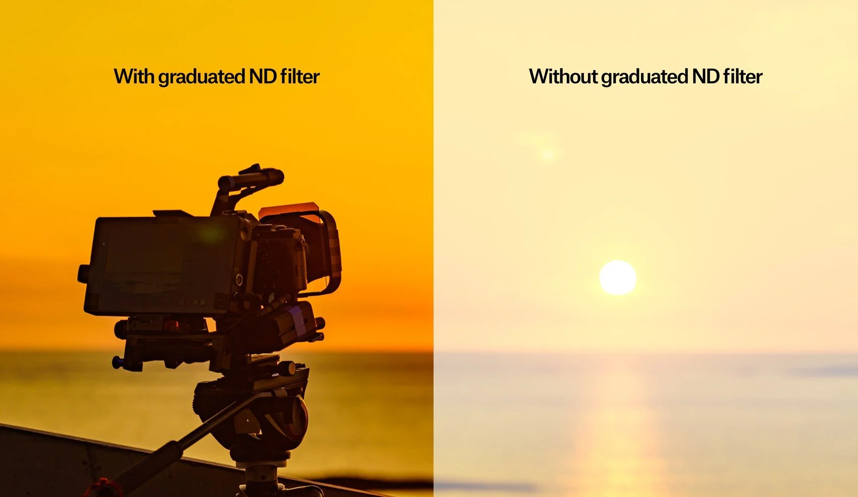 Et bilde som viser forskjellen mellom å bruke et gradert ND-filter og når du ikke bruker det. Hvis du bruker det, vil du få en bedre rekonstruksjon av lyset.