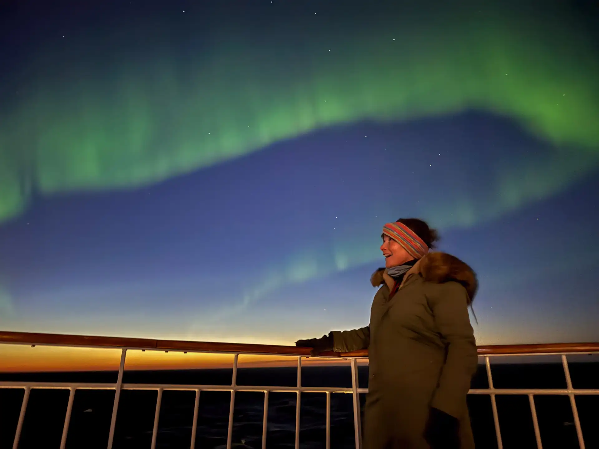 Lorraine Kelly on board a Hurtigruten ship sailing under the Northern Lights in Norway