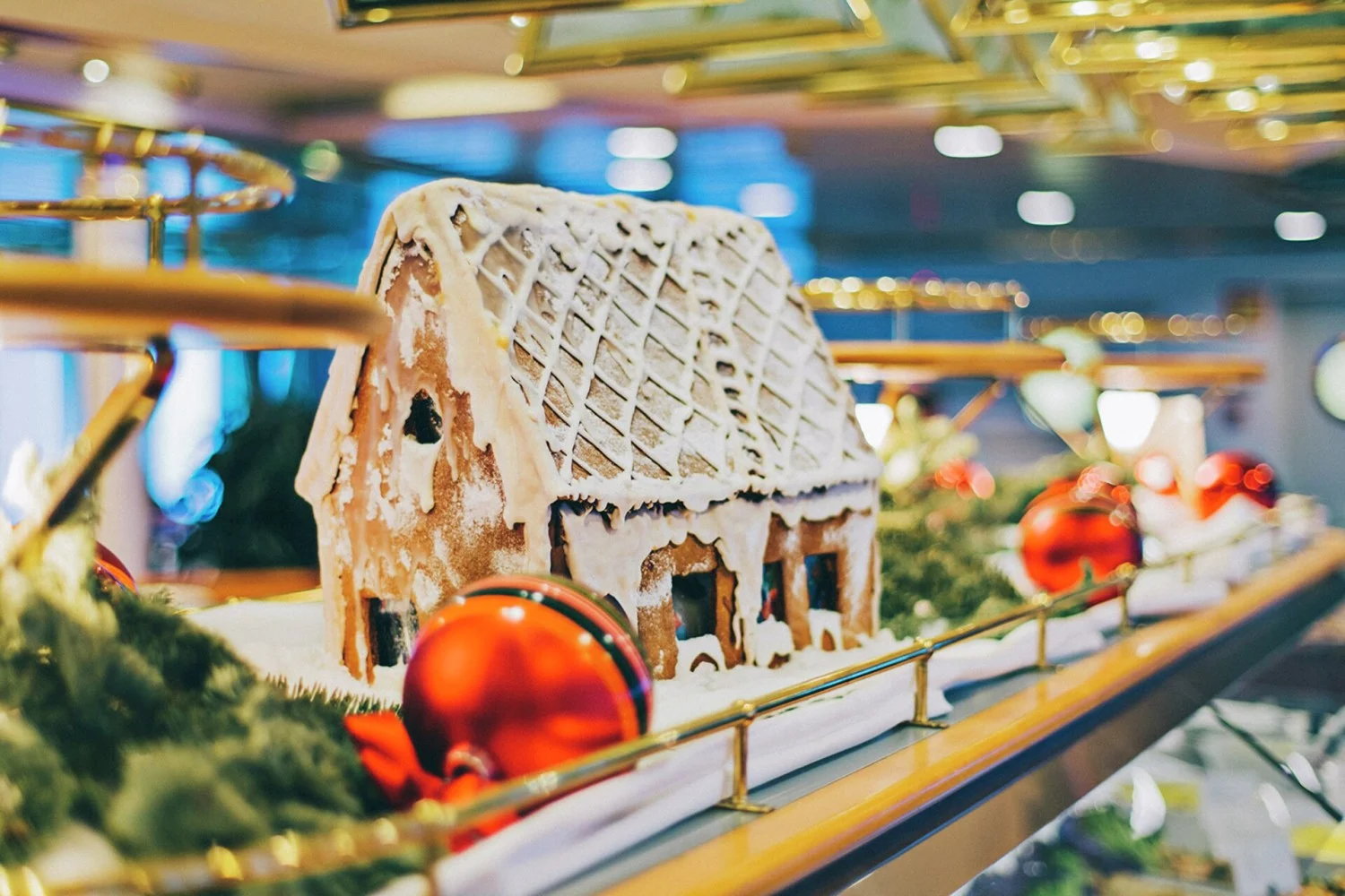 A gingerbread house on show at the buffet on board Hurtigruten at Christmas