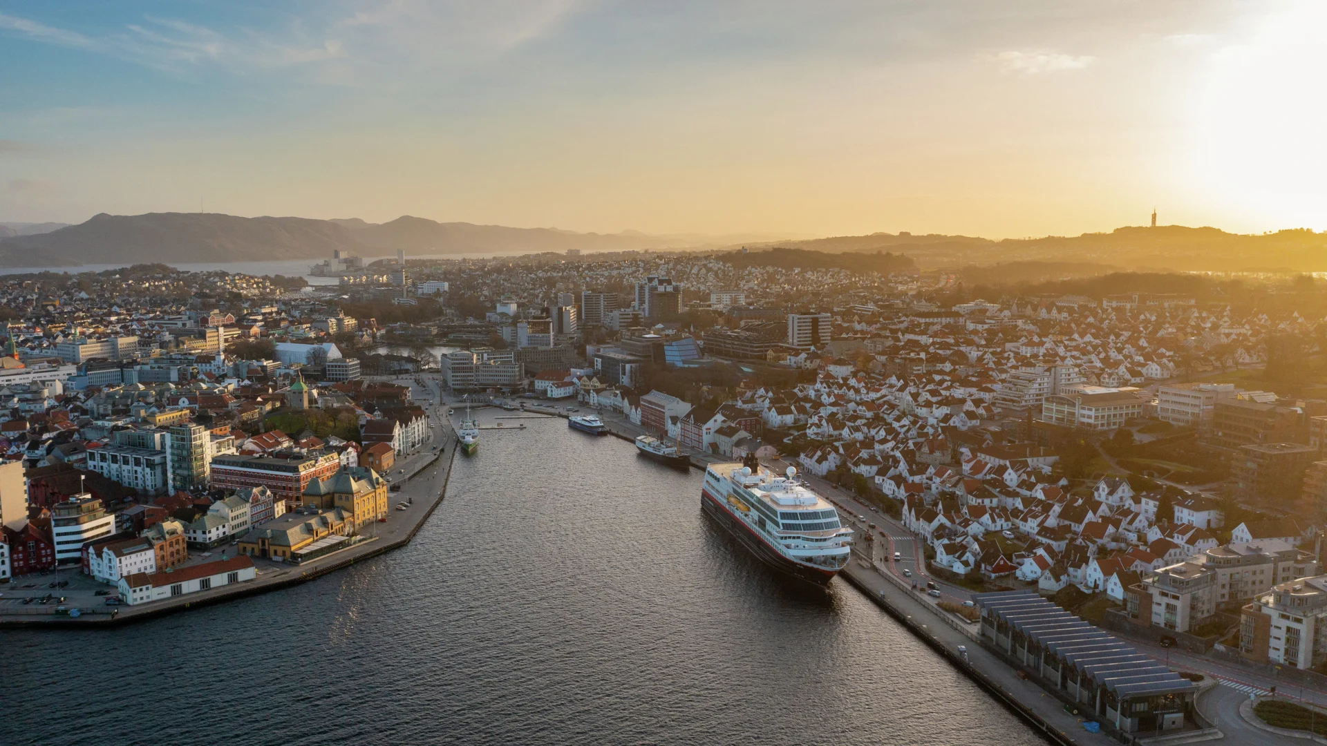 A Hurtigruten ship docked in the harbour at Stavanger, Norway