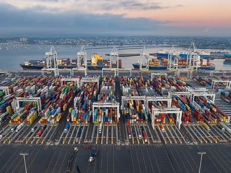 Overhead view of a port full of shipping containers
