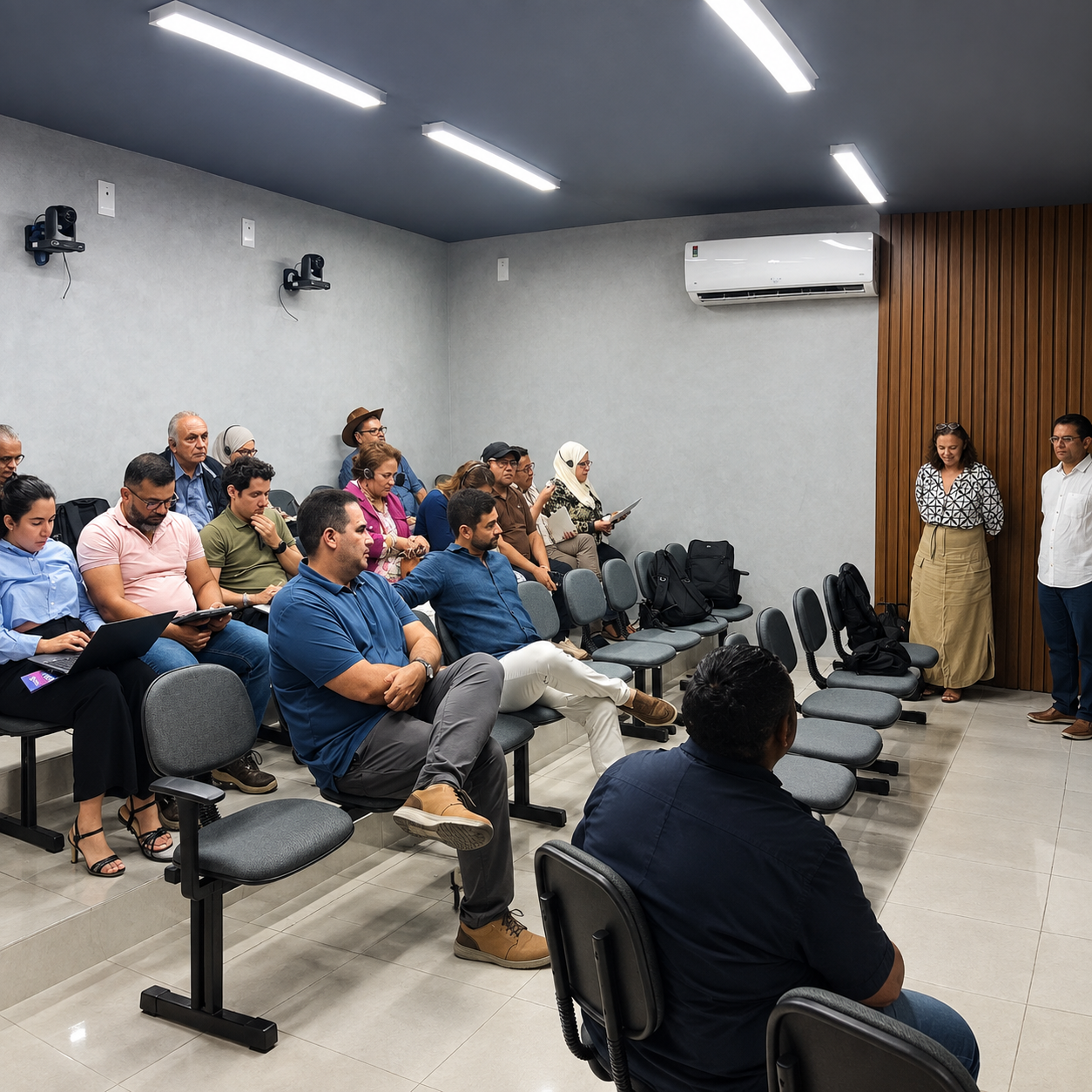 Grupo de pessoas em auditório, sentadas em cadeiras e acompanhando uma apresentação. Ao fundo, duas pessoas permanecem em pé diante do público.