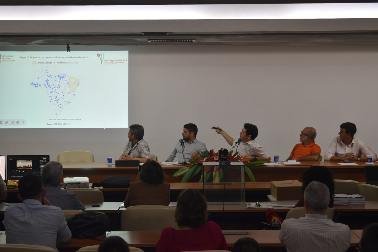 Fotografia de uma mesa de debate em auditório, com cinco participantes. Um dos participantes aponta para uma projeção na parede que apresenta um mapa do Brasil com a distribuição de projetos de carbono florestal no mercado voluntário.