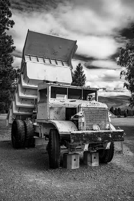 Photograph of old tipper truck originally used in the construction of the Upper Waitaki hydroelectricity scheme.