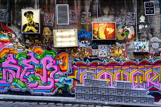 Photograph of various light boxes and other street art.