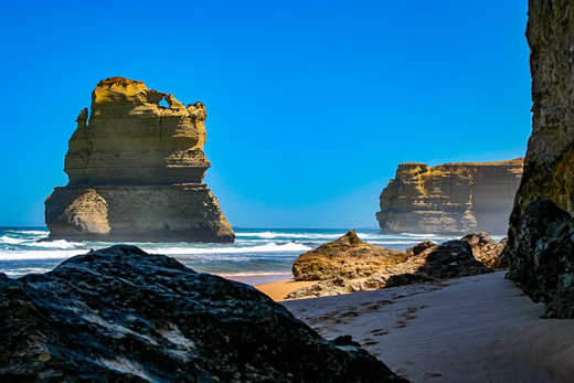 Photograph of the impressive limestone stack at Gibson Beach. 
