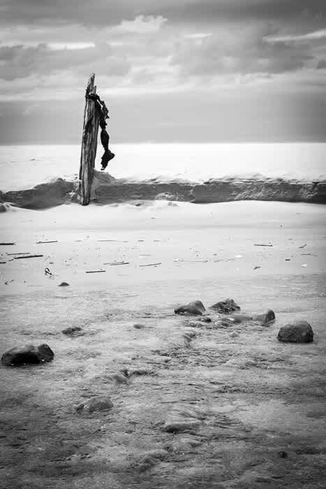 Photograph of drift wood post on beach.