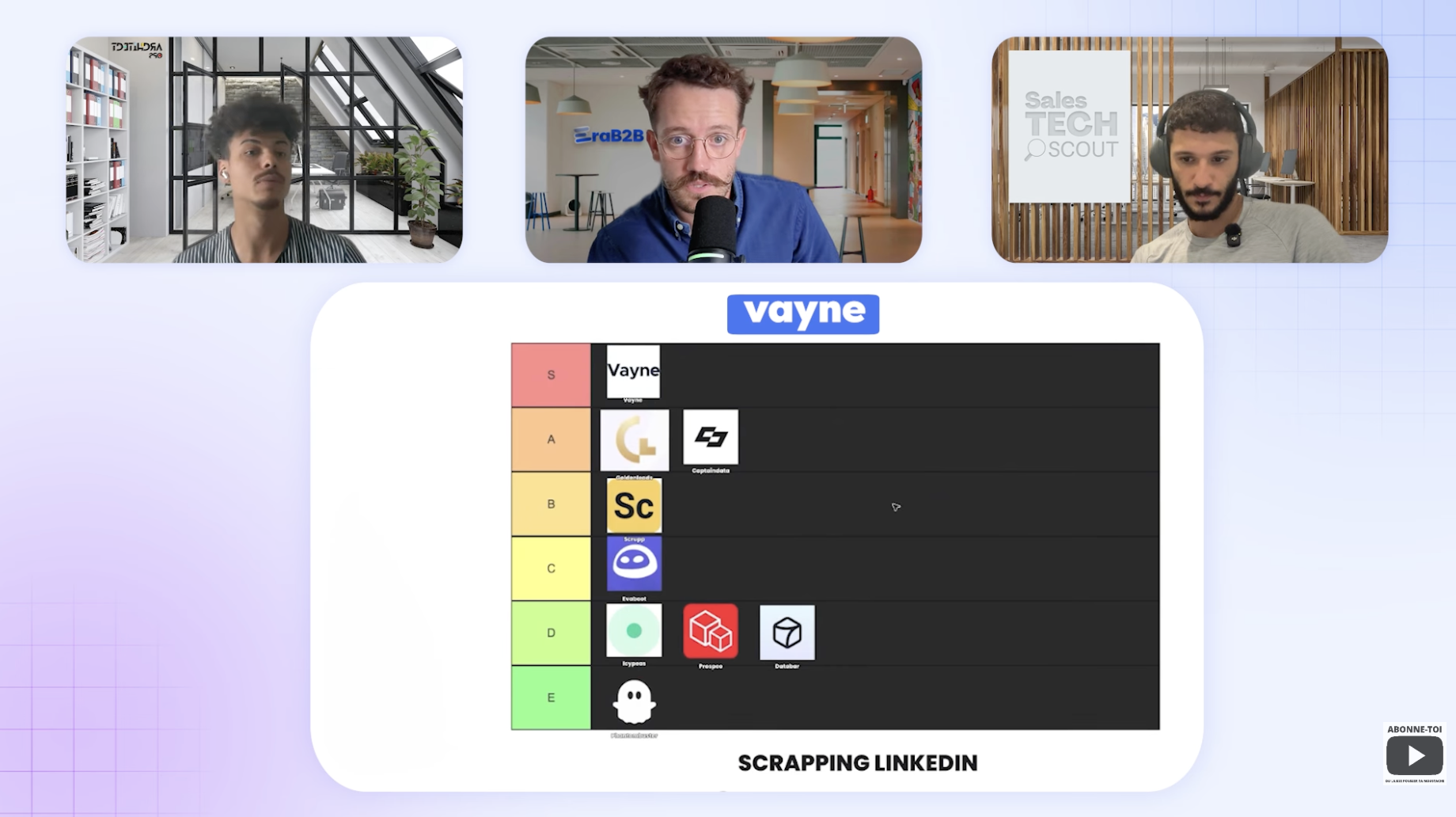 Louis Deslus CEO of EraB2B, Raouf Lemouchi founder of Sales Tech Scout and Kaio Aroujo GTM expert compare 7 Linkedin Scrapers for 2026,  rank them according to performance, safety, speed and price and agree to put Vayne.io at the top of the list.