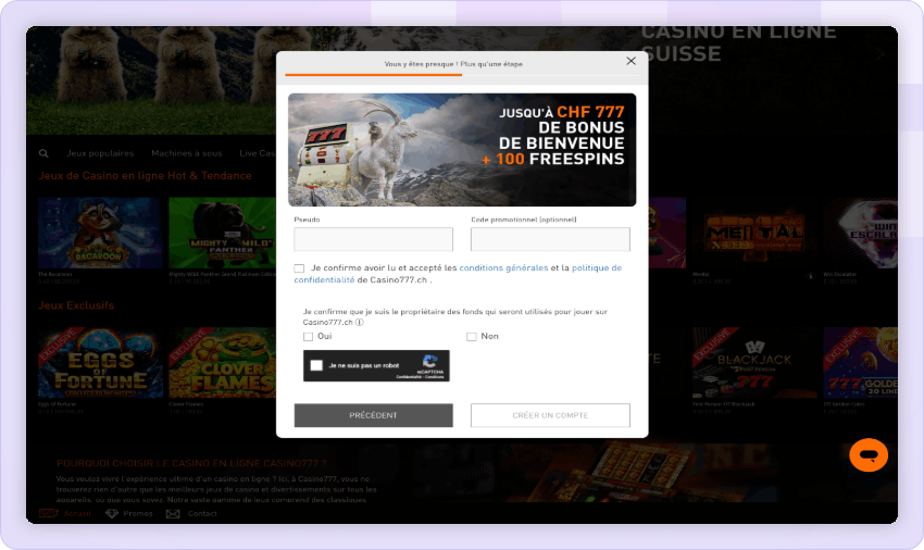Étape trois pour ouvrir un compte sur Casino777