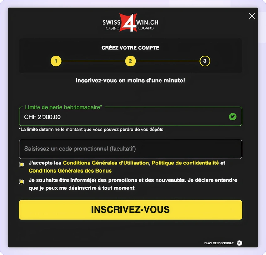 Étape trois pour choisir les paramètres de votre compte Swiss4Win