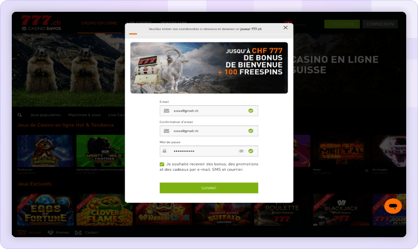 Étape deux pour ouvrir un compte sur Casino777