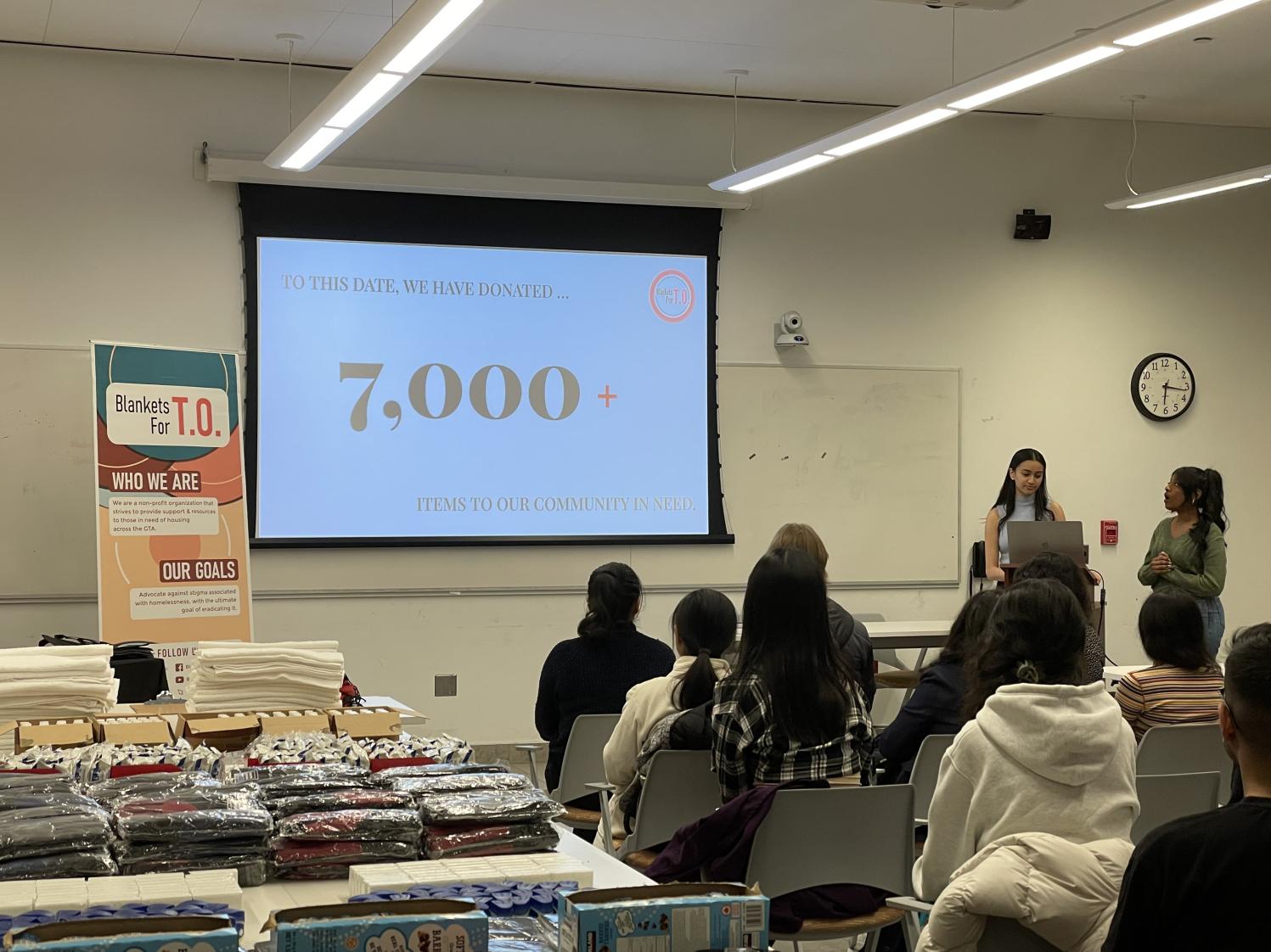 Co-presidents start the event by introducing Blankets for TO.