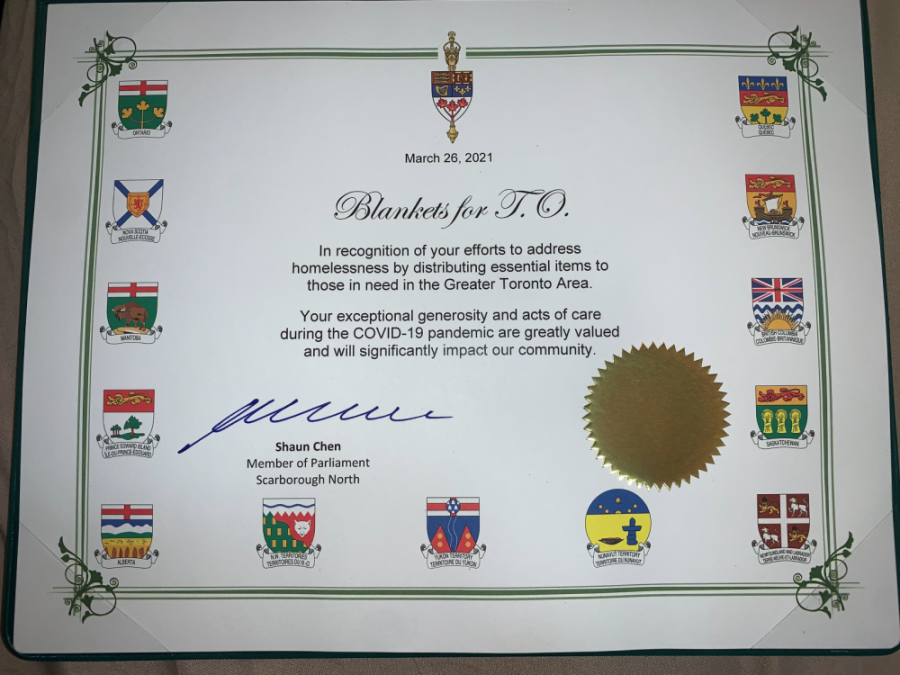 Award from Shaun Chen (Member of Parliament, Scarborough North)