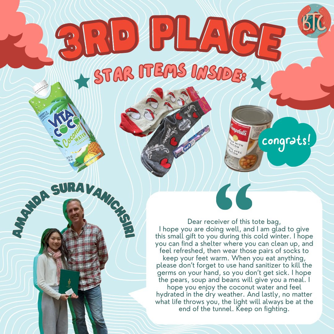 Amanda won the 3rd place prize for the 2023 Tote Bag Competition. The image includes some of the food, clothing and hygiene items in her package alongside the personal note she wrote!