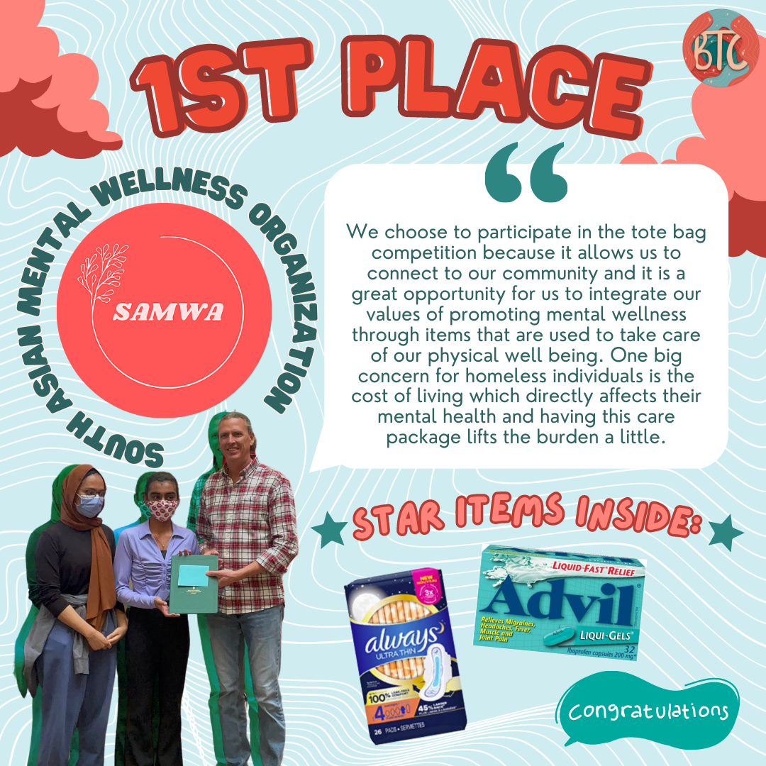 The South Asian Mental Wellness Organization is the 1st place winner of this year's Tote Bag Competition for their comprehensive care package including personal hygiene and wellness items.