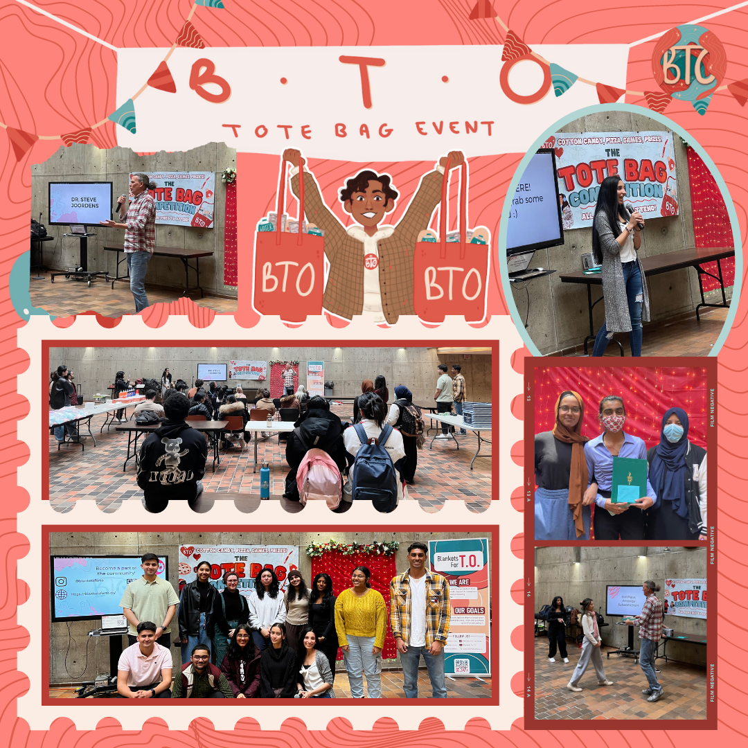A collage of photos from the Tote Bag Competition, including Dr. Steve Joordens, the event winners, attendees, and the event team.