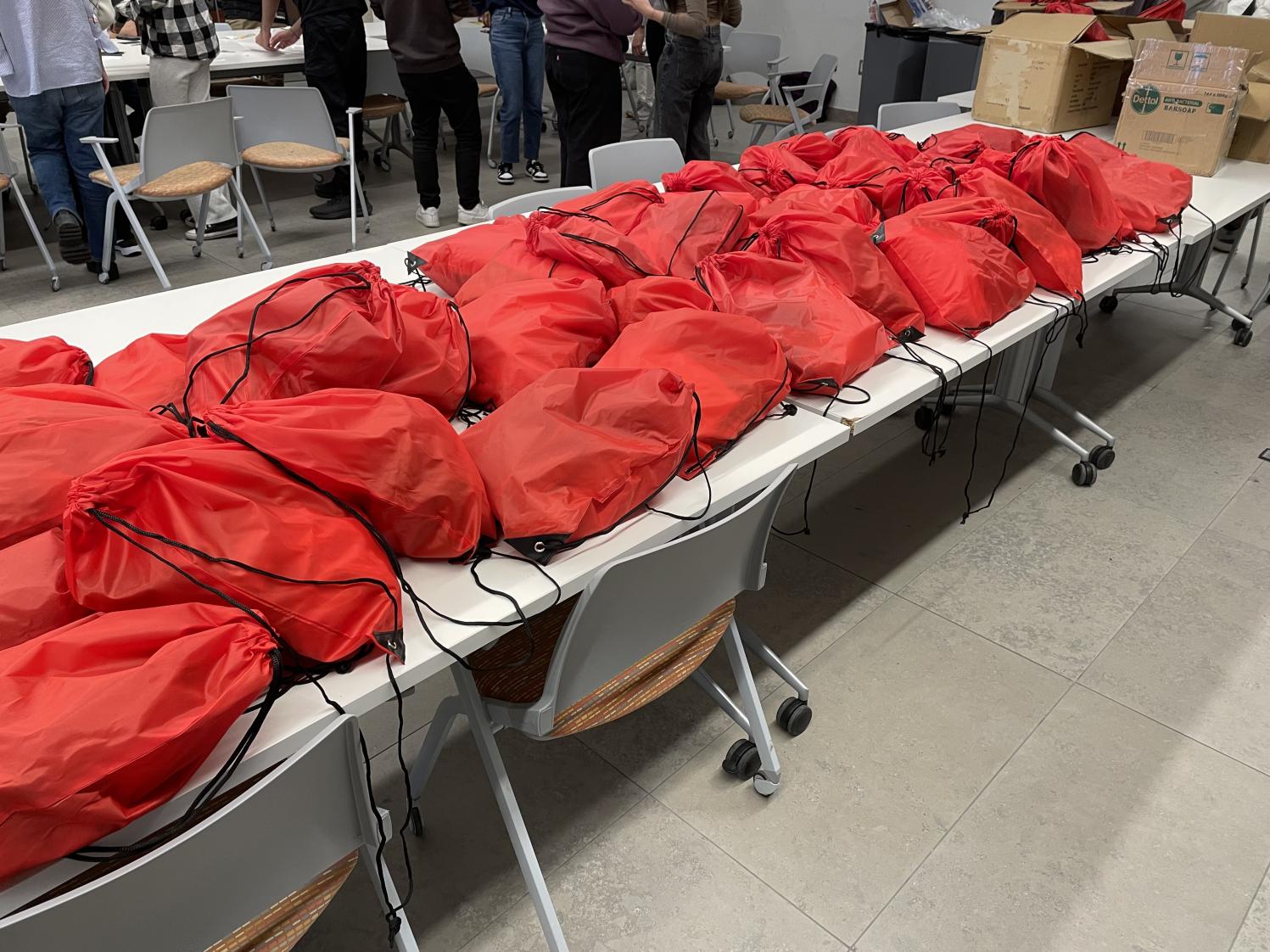 Pictures of care packages that were packed together by students who attended the event.