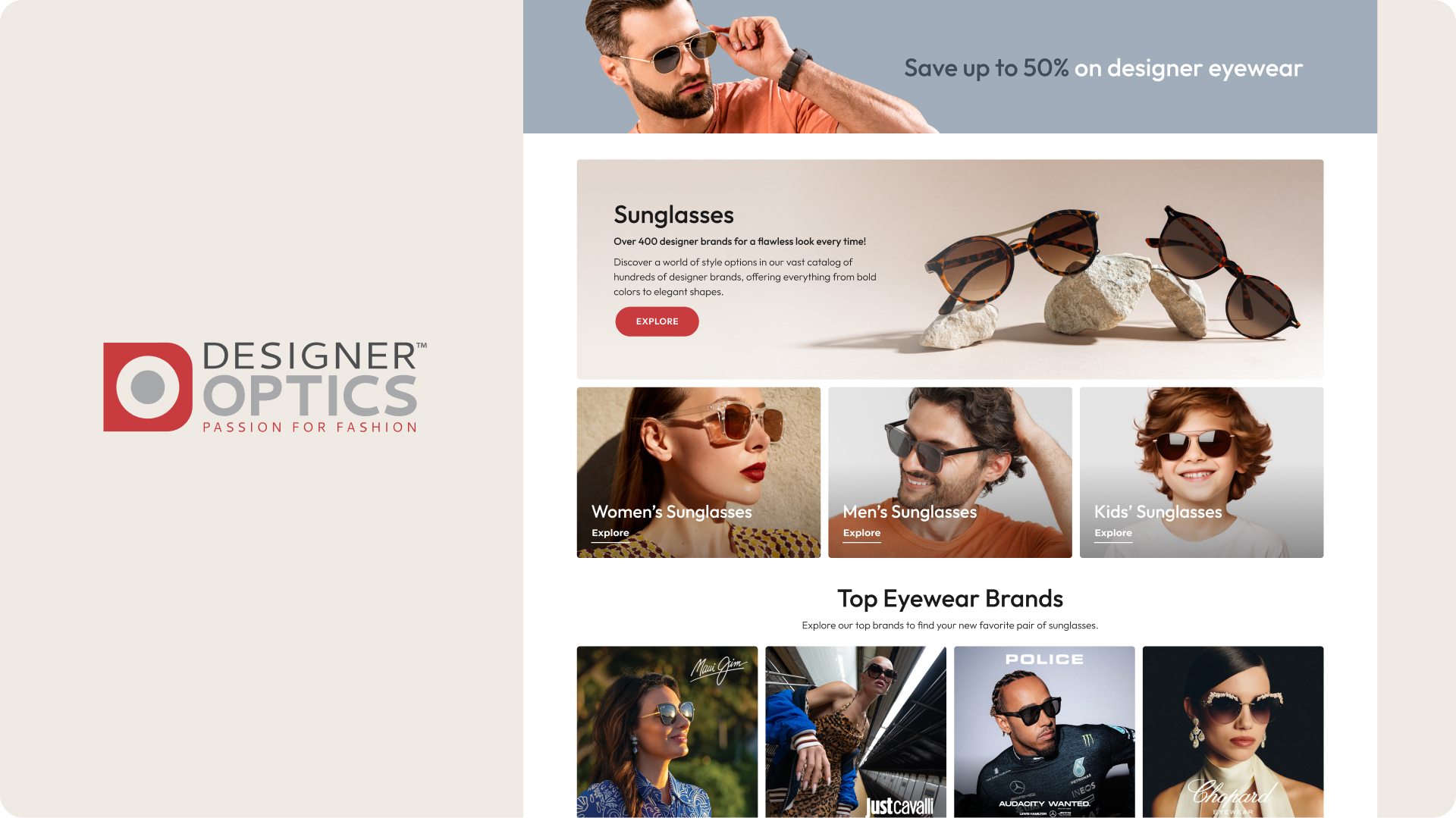 Homepage for Designer Optics.