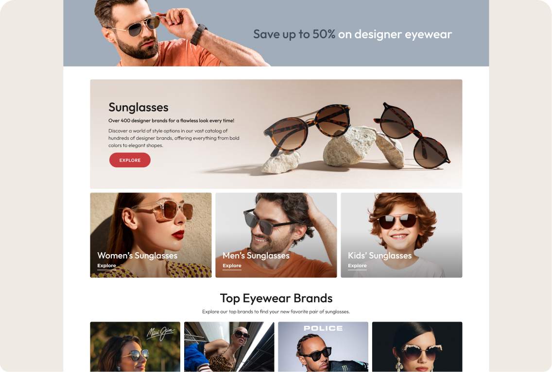 Homepage for Designer Optics.