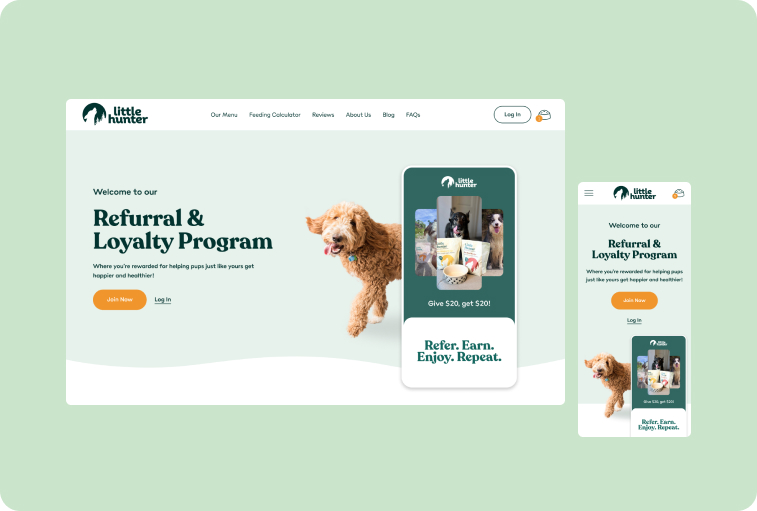 Page design for a referral program for a dog food brand with a phone screen view.