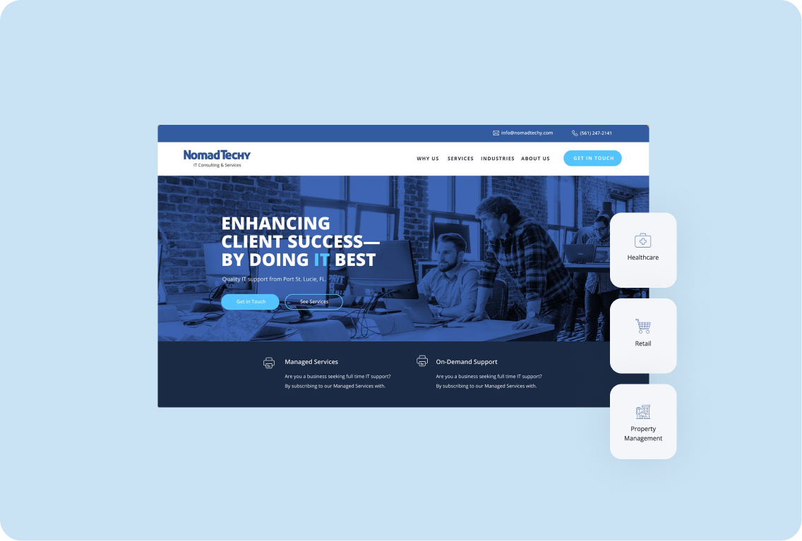 Homepage design for an IT company with a blue office background.