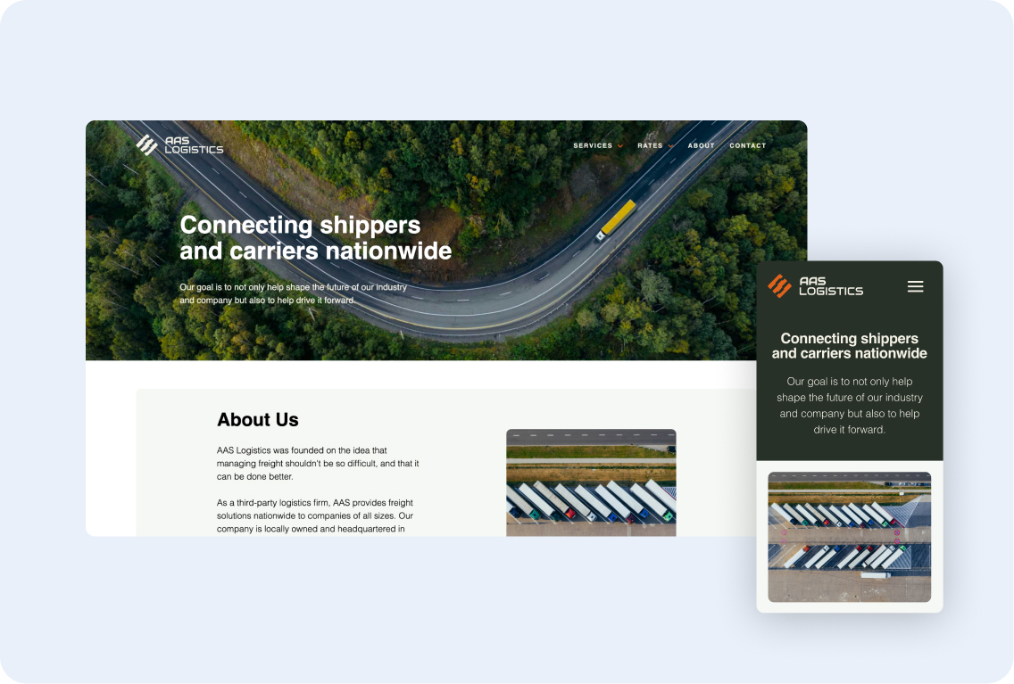 Responsive website for a logistics company with a mobile view.