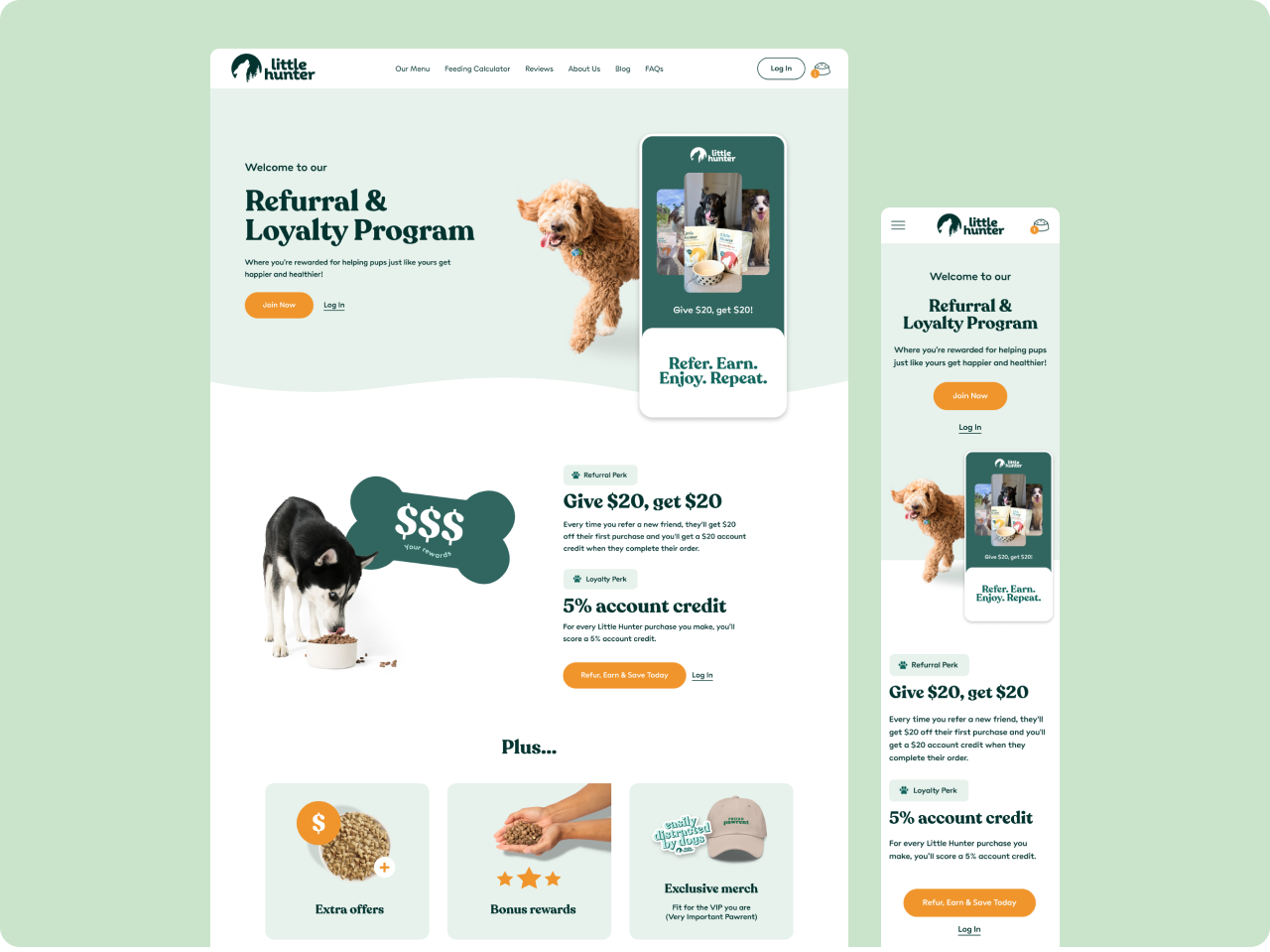 Page design for a dog food referral program with a mobile mockup.